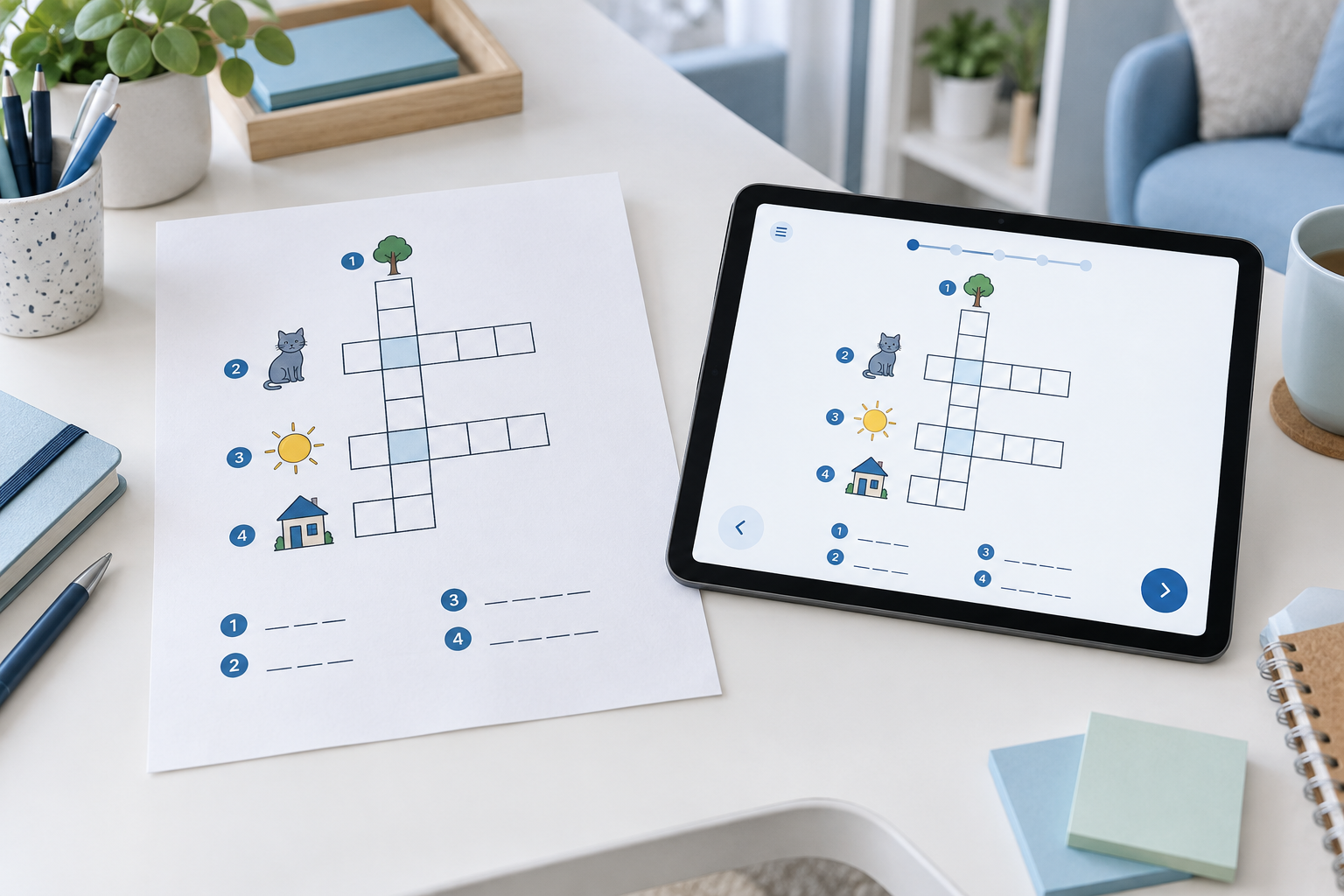 Une fiche A4 de mots croisés à côté de la même activité affichée sur tablette